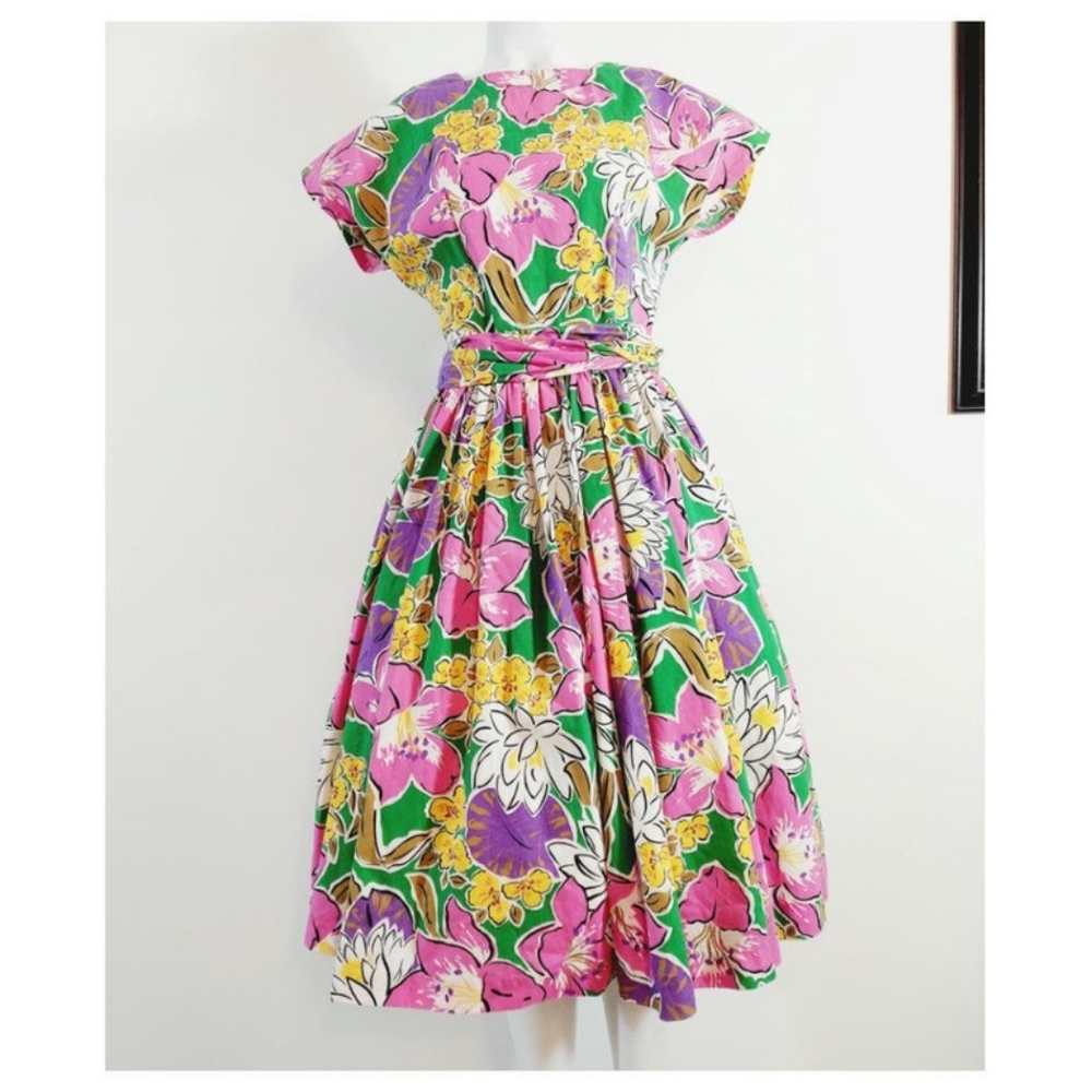 Vibrant Vintage 50s floral dress cotton handmade tropical dress - Picture 3 of 10
